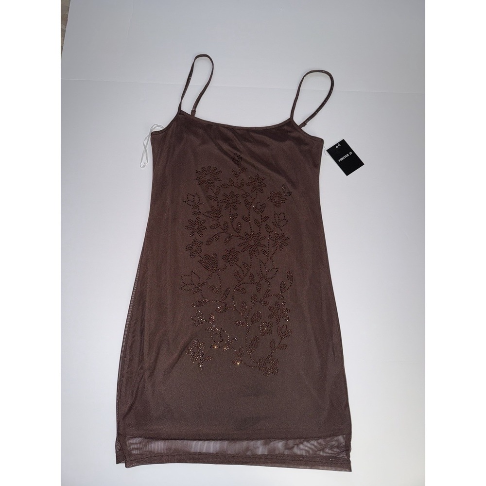 Forever 21 Women XL Cami Tank Brown Mesh Rhinestone Floral Embellished Top NWT